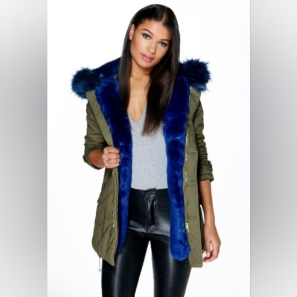 Boohoo Jackets & Coats Boohoo Army Green Parka Jacket With Blue